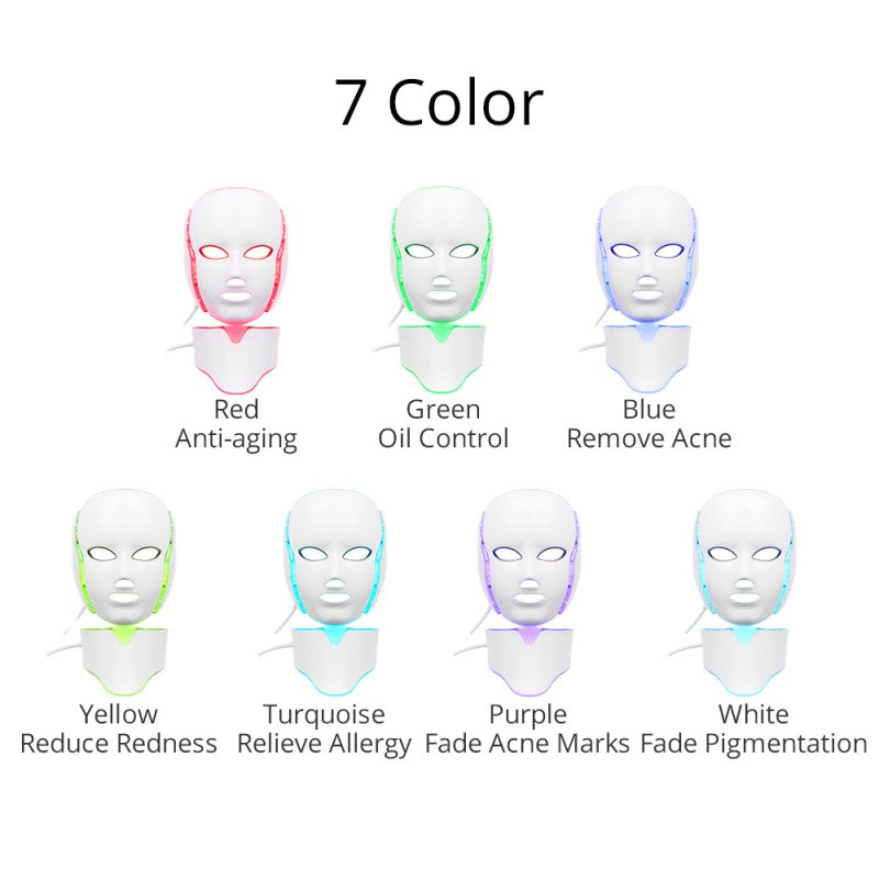 LED Photon Facial & Neck Mask Photodynamic Therapy PDT Skin Rejuvenation - 7 Colors